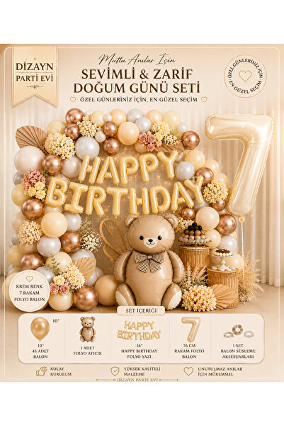 Dizayn Parti Evi Ayıcıklı Doğum Günü Süsleme Seti 1-9 Yaş Krem Happy Birthday...
