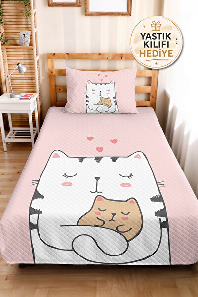 Evimde Bambaşka Pink Cat Themed Girls' Pique Set - Cute Pastel White Baby Roo...