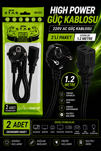 IRONSTAR 2 adet Bilgisayar Güç Kablosu 1.2 Metre / C13 Power Kablo 220V / Mon...