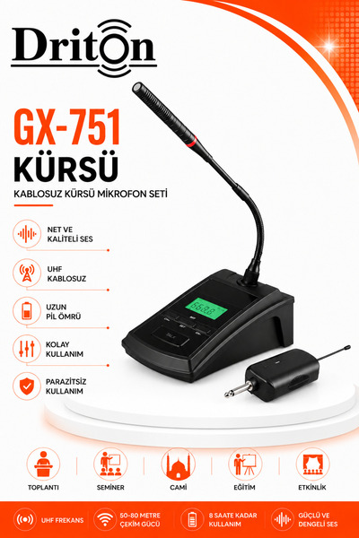 DRİTON GX-751 KABLOSUZ JACKLI UHF KÜRSÜ MİKROFON