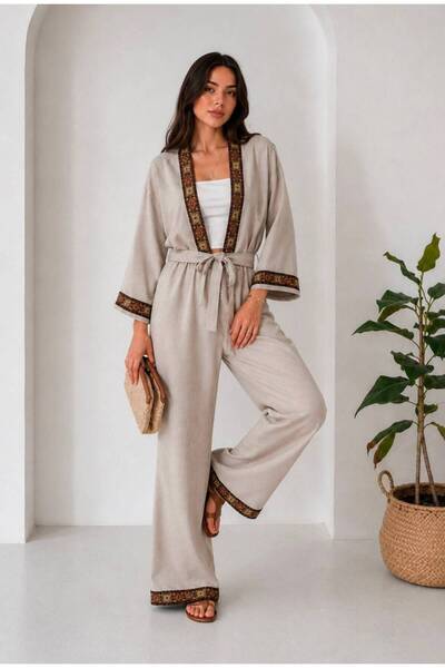 Şener Özer Women “Premium Etnik Şerit Detaylı Kimono Takım | Yazlık Bol Paça ...