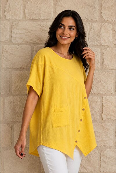 AGORATEKSTİL Women's Button Detailed Pocketed Cotton Oversize Blouse 44-50