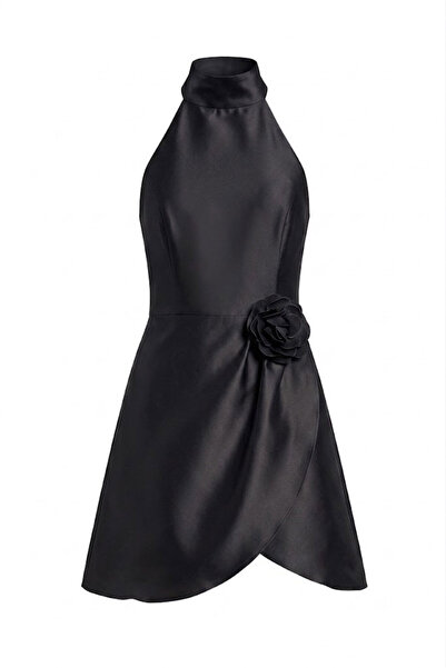 DANS ABİYE Halter Neckline Floral Detail Dane Evening Dress Black