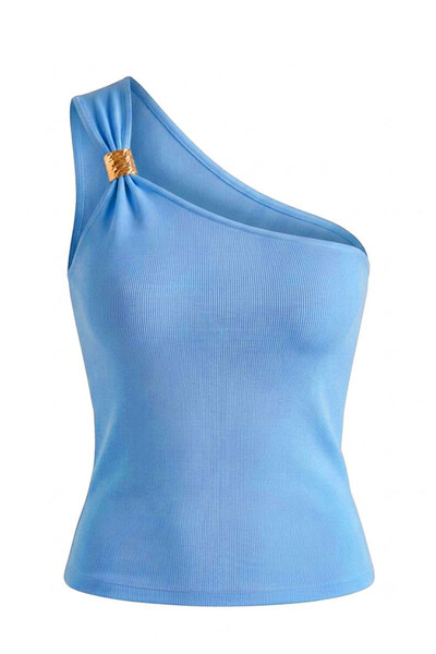 KECHİ WOMAN One-Shoulder Gold Buckle Ribbed Blouse Blue