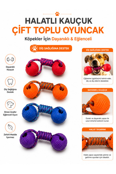 HAYHAYPETSHOP Köpek Diş Kaşıma Oyuncağı Halatlı Çift Toplu Kauçuk Çiğneme Oyu...