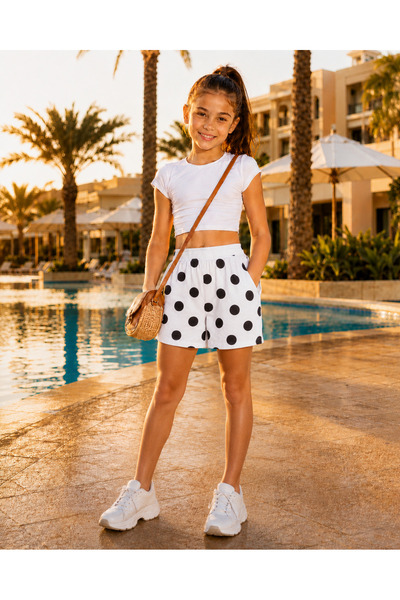 haha Girl's Wrinkled Fabric Summer Polka Dot Shorts with Pockets