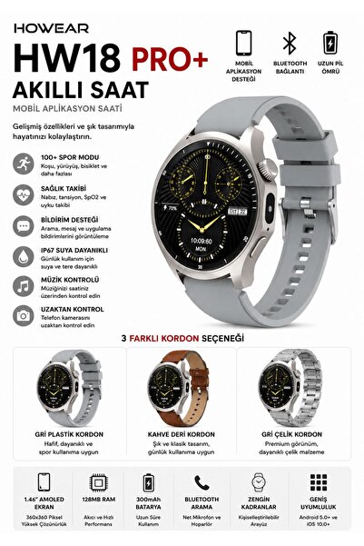 howear HW18 PRO+ Akıllı Saat 1.46 İnç HD Bluetooth Mobil Uygulamalı Yapay Zek...