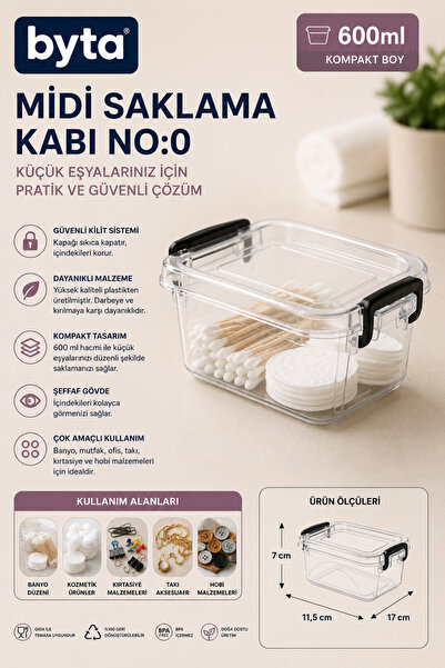 BYTA 600 ml Kilitli Kapaklı Şeffaf Çok Amaçlı Saklama Kutusu Mini Organizer