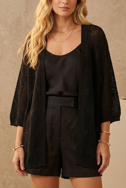 mefru Women's Oversized Bow Detailed Flowy Short Sleeve Openwork Loose Basic Cardigan