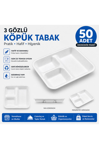 Genel Markalar 3 Gözlü Köpük Tabldot Tabak 50 Adet Adet Sert Köpük Yemek Serv...