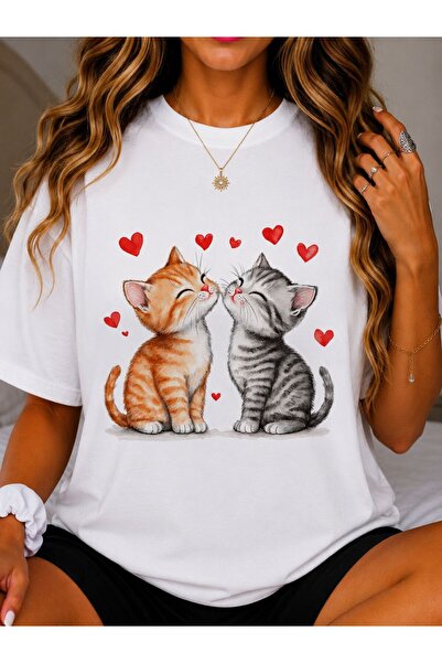 EYMORA Cute Cat Printed Crew Neck T-Shirt