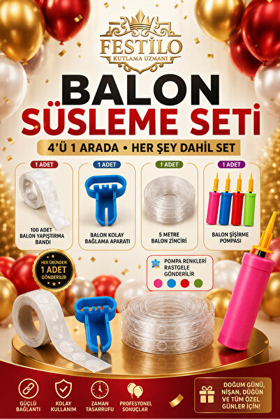 FESTİLO 4'lü Balon Süsleme Seti 100'lü Balon Yapıştırma Bandı Balon Bağlama A...