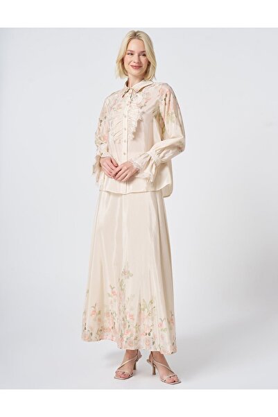 Kayra Floral Pattern Skirt Suit Cream