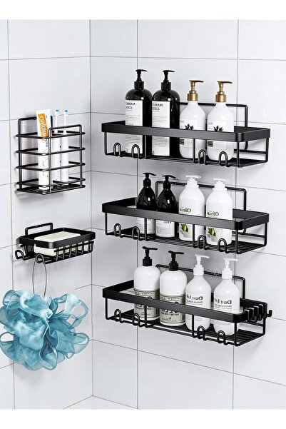Yoawllty رف حمام أسود بسيط مكون من 5 قطع، رف تخزين للحمام مقاوم للصدأ بدون حفر