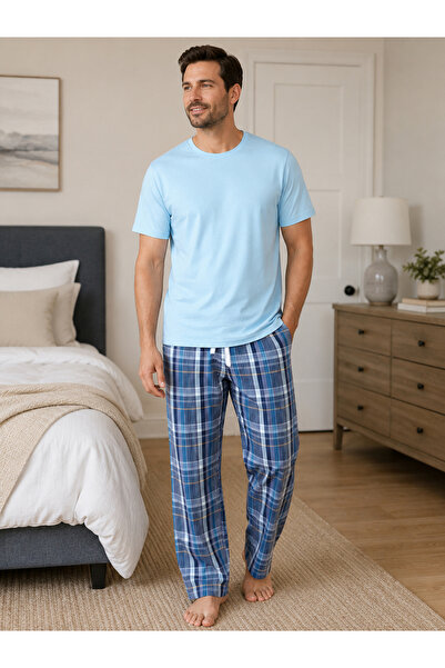 Victor and Jane By Styli Men Solid Cotton T-Shirt and Checked Pyjama Set