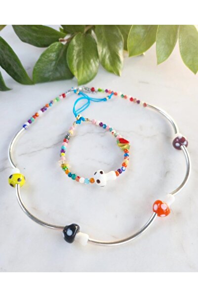 Handmade Κολιέ με ημιπολύτιμες πέτρες και μανιτάρια Μουράνο