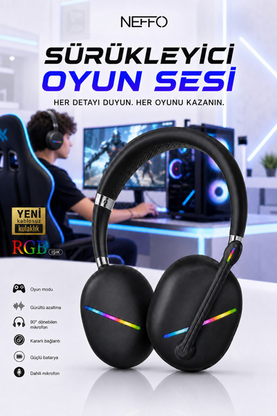 NEFFO Bluetooth Mikrofonlu Işıklı RGB Gamer Bilgisayar Kulaklığı Gaming Kulak...