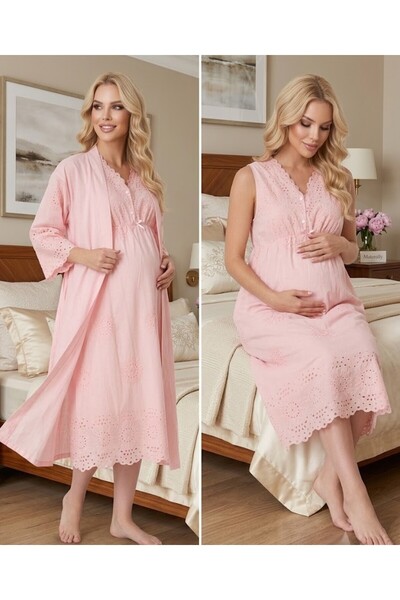 Pelin Women's Powder Linen Scalloped New Season 2-Piece Maternity Nightgown S...