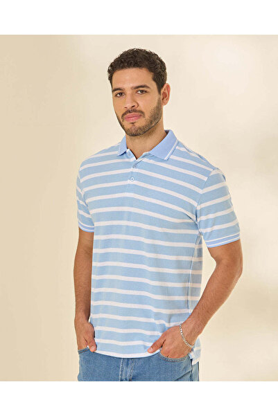 REDTAG Men Blue And White Striped Polo T Shirt