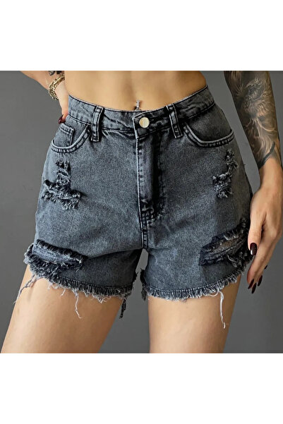 Seeba 5548 Açık Mavi Yüksek Bel Yırtık Detaylı Püsküllü Denim Kot Şort