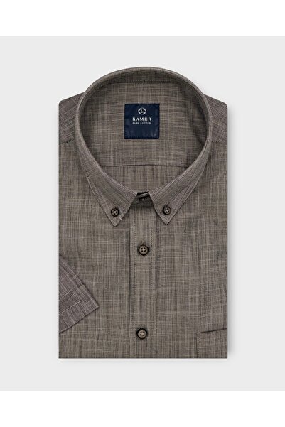 KAMER Men's Regular Fit Short Sleeve 100% Cotton Button-Up Collar Light Brown...