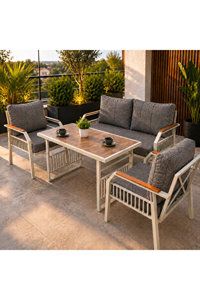 UFUK HOME Petunia Krem 211 Masalı Gri Bahçe & Balkon Mobilya Takımı Çay Seti ...
