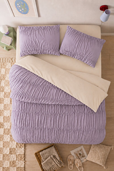 Ricco Lifes Drawstring Double Lilac-Cream Cotton Duvet Cover Set