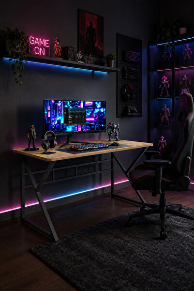 Hagen Oyuncu Masası 120x60 cm Metal Ayak Ahşap Tabla Gaming Bilgisayar Çalışm...