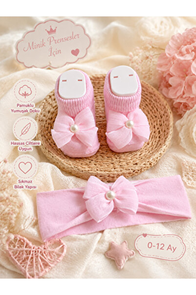 Akface Ecru Baby Socks and Bandana Set with Bow and Pearl Detail, Pink