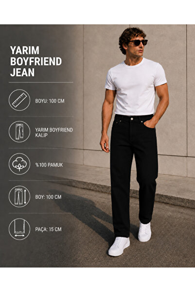 fashionistanbul Men's Boyfriend Jeans Black Loose Comfortable Fit Denim Jeans