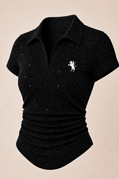 Touz Moda Glittery Polo Collar Ribbed Lycra Gathered Blouse