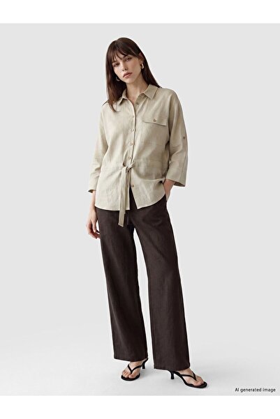 LC Waikiki Lcw Vision Brown Elastic Waist Linen Blended Women's Trousers