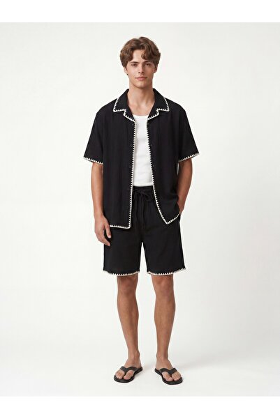 VAMOSCLO Stitched Detailed Shirt Shorts Set