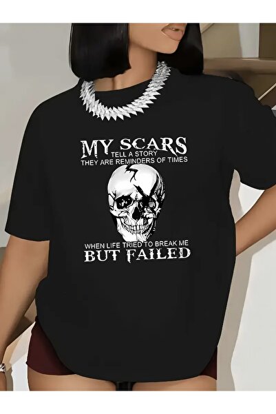 12 Teknoloji Women's White-Look Black Short Sleeve T-Shirt with Skull Scarf P...