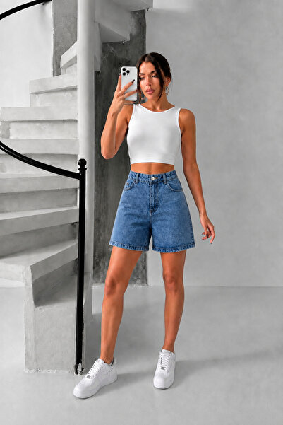 bluemarlin Blue Back Belt Cross Bridge Detail Wide Leg Denim Shorts