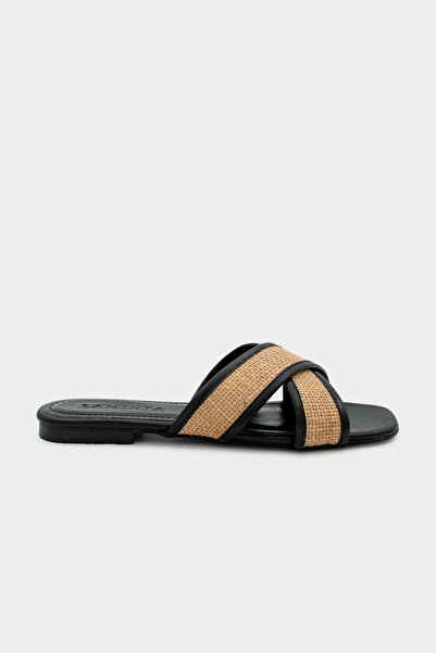 LAMİNTA Diana Wicker Cross Flat Women's Black Slippers
