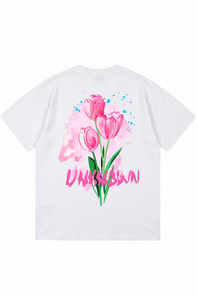DASH WEAR Unknown Tulip Printed White Oversize Crew Neck T-Shirt