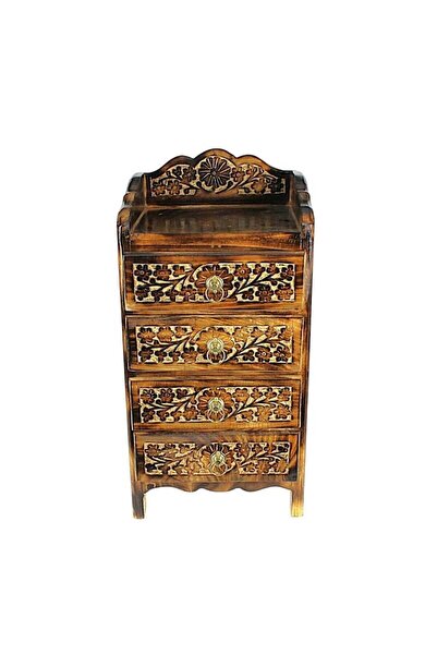 Otantik Çarşı Ahşap Oymalı Komodin 32x24x60 cm. 4 Çekmeceli