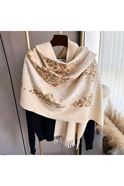 Choice1 Ivory Winter Warm Cashmere Scarf for Women Embroidery Pashmina Blanke...