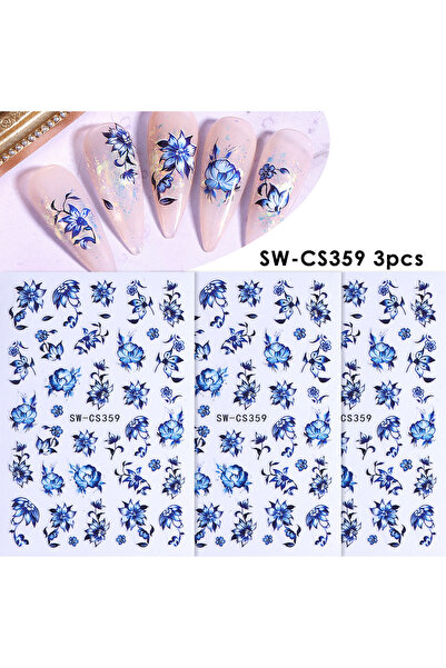 Choice SW-CS359 3 قطع ملصقات أظافر بتصميم البورسلين الأزرق والأبيض، أنيقة بأس...