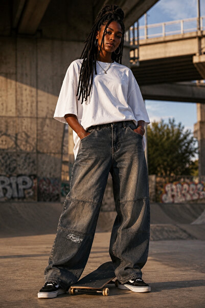 CEDY DENIM Freedom Embroidered Y2K Baggy Skater Denim Trousers - Regular Wais...