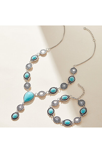 Choice YB6378-1 Boho Imitation Turquoise Long Pendant Necklaces Chest Chain B...