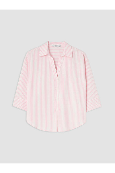 LC Waikiki Peak New Season Striped V-Neck Three-Quarter Sleeve Women's Shirt