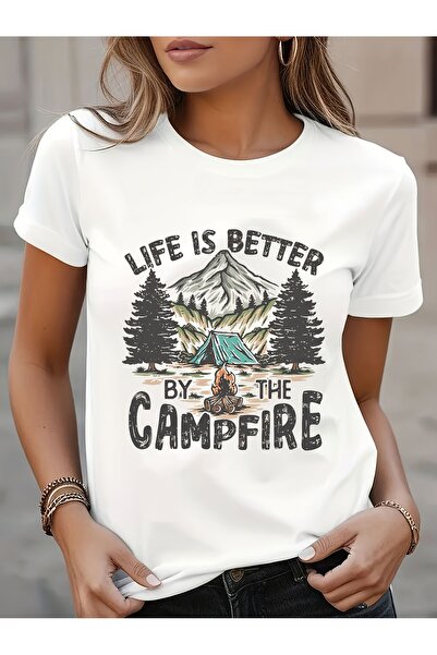 STITCHLY تي شيرت نسائي كاجوال برقبة دائرية مع طباعة "Life is Better by the Ca...