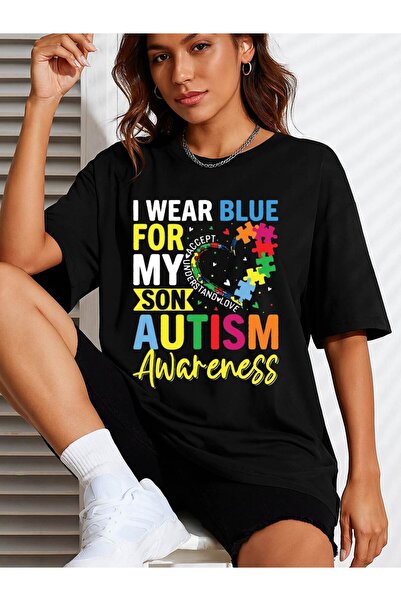 LİNA06 تي شيرت نسائي بتصميم مرح مع قطعة بازل وشعار "I Wear Blue My Son"، ناعم...