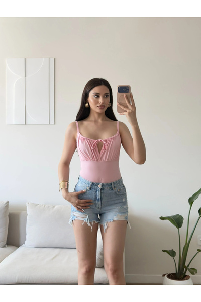 Zoom Butik Ön Bağcık Askılı Bodysuit - PEMBE