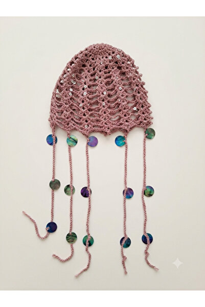 R&N HANDMADE DESIGN Pudra Pembe El Örgüsü Pullu Kadın Bere - Yazlık Merserize...