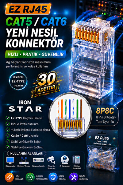 IRONSTAR 30 adet EZ RJ45 jak Cat6 / EZ RJ45 Jack Cat5e Cat6 / Delikli RJ45 Ko...