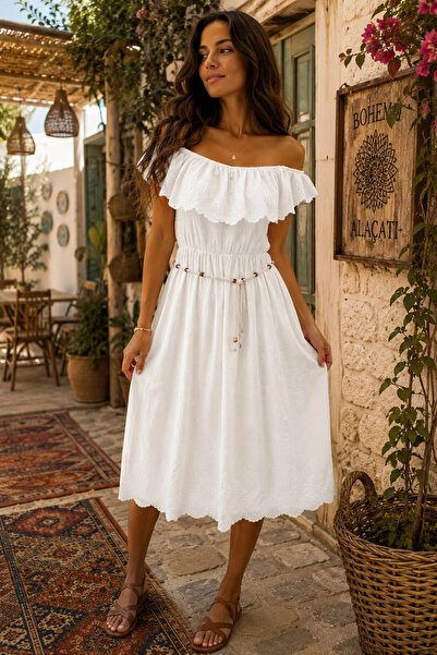 AsprinFashion Women's White Imported Scallop Embroidered Madonna Collar Midi ...