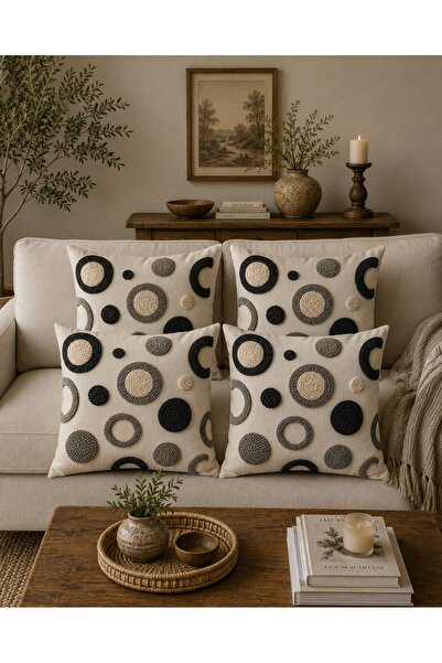 menesahome Anthracite and Beige Geometric Round Patterned Punch Embroidery Lo...